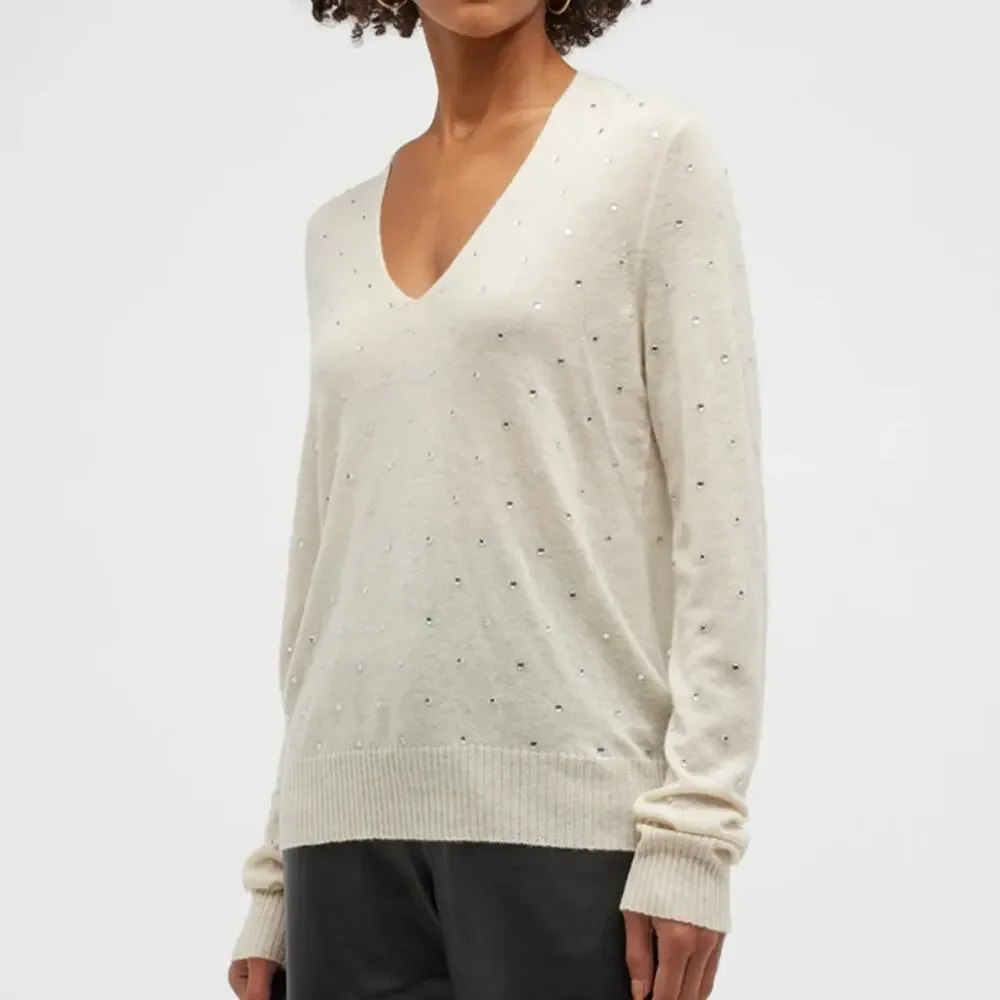 Zadig & Voltaire Elya Strass Embellished Cashmere Pullover Sweater Cream L NWT - Picture 1 of 10